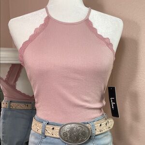 Lulus Pink Ribbed Halter Bodysuit Open Back Lace Trim Tie Neck Size M